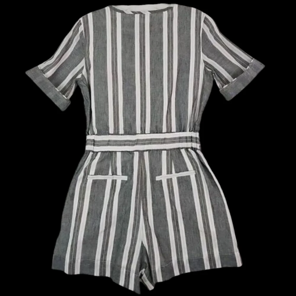 Banana Republic ~Size 0~ Gray/White Striped Romper Waist Drawstring Linen Blend